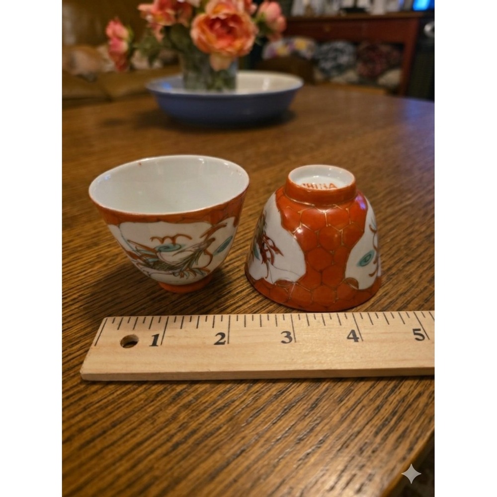 Vintage Chinese Iron Red Gold Dragon Porcelain Tea Sake Tasting Cups Pair